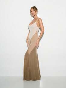 KIZN Sheer Mesh Paneled Mermaid Maxi Dress, Floor Length Elegant Gown, Special Occasion Wear, Stretch Form Fitting Dress With Sheer Detail - Multicolor - View 3