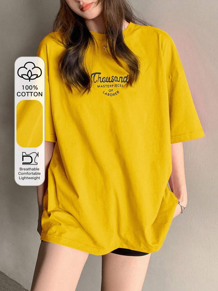 Women Summer Daily Wear Short Sleeve T-Shirt With Letter Print Thousand MASTERPIECES OF LABORER Oversized T-Shirt