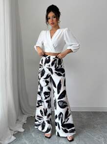 Elenzga Conjunto de blusa de manga abombada elegante y romántica para vacaciones y pantalones anchos de pierna con estampado floral para mujer - Blanco - Ver 5