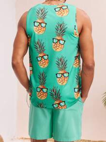 Manfinity VCAY 2pcs Men's Knitted Fashion Casual Loose Sleeveless Tank Top & Elastic Waist Straight Leg Shorts Set