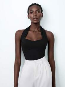 Lumivelle Body de unicolor con cuello halter y espalda descubierta, simple y sexy para mujer