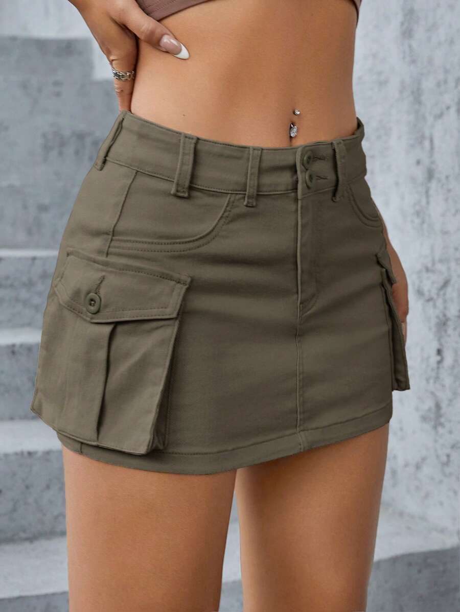 SHEIN ICON Women's Army Green Denim Mini Skirt With Cargo Pockets Casual Style - Army Green - View 1