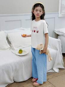 DAZY 2 件套 Tween 女童圆领熊印花针织短袖 T 恤 + 格子编织裤春夏装 - 藍白色 - 查看 4