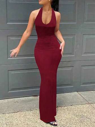 SHEIN Privé Women's Solid Color Slim Fit Casual Dress, Summer