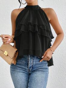 Firerie Loose Fit Neck Tie Ruffle Hem Asymmetrical Chiffon Blouse
