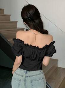 DAZY Bluză cu mânecă scurtă de damă, cu umăr liber, de culoare uni, cu fundă, vară - Negru - Vizualizare 4