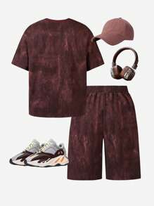 Set de 2 piezas para adolescentes varones: Top de manga corta con estampado de letra efecto tie-dye y shorts