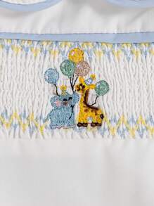 Souflis Souflis Newborn Baby Boy Summer Jumpsuit With Peter Pan Collar, Contrast Color Sleeves Cuffs & Front Panel, Cute Embroidered Pattern, Snap-Up Front, Bottom Opening, Overall Shorts For Easy Wear - White - View 6