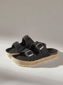 Solecia Sandalias de suela gruesa con material de PU negro y cuerda en la parte inferior, adecuadas para ir al trabajo, citas, fiestas y vacaciones