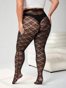 SHEIN CURVE+ 大码黑色纯蕾丝简约透视紧身裤，休闲日常穿着 - 黑色 - 查看 2