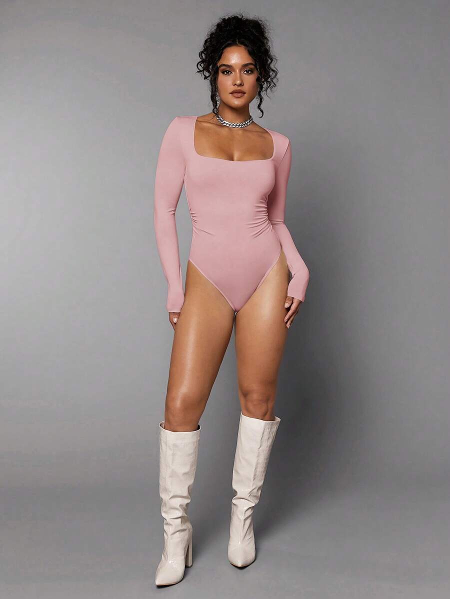 Silquee 女士方领长袖褶皱休闲紧身衣 - 藕粉色 - 查看 1