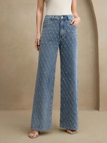 Anewsta Jeans rectos de mujer con piedras preciosas y bordados de lujo, ideales para festivales, uso casual y elegante