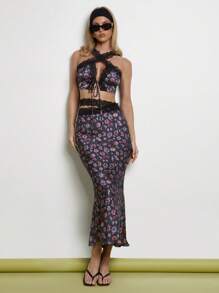 COSMINA Falda larga con encaje con estampado floral diminuto elegante para mujer, para primavera/verano