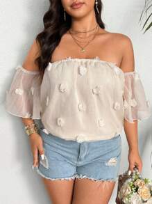 Flirla Camisa informal de gasa blanca con hombros descubiertos y decorado con pompones, adecuada para uso diario en primavera/verano, tallas grandes - Blanco - Ver 3