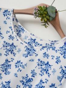 Rusticease Women Floral Allover Print Round Neck Short Sleeve Casual Dress