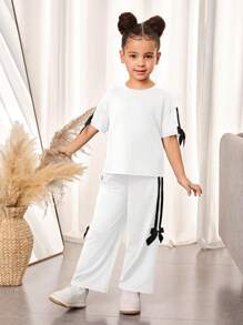 2pcs Young Girl Knitted Solid Color Round Neck Loose T-Shirt And Wide-Leg Pants Set
