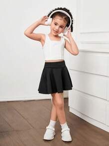 Young Girl Solid Color Fitted Casual Leggings - Black - View 3