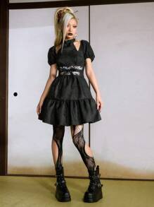 ROMWE J-Fashion 休闲短款泡泡袖连衣裙，时尚舒适，适合日常穿着，女士 - 黑色 - 查看 1