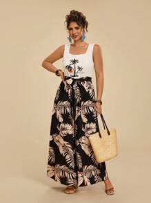 Travachic Mono holgado de pierna ancha, con parte trasera abierta, estampado de palmeras tropicales, en talla grande para mujeres - Negro - Ver 3