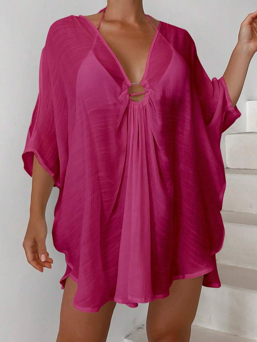 Swim Vcay Casual Elegant Loose Solid Color Batwing Sleeve Cover Up For Summer Beach Vacation