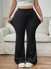 Solflare 2 Packs Plus Size Flared Pants For Women, Stretchy Black Bell Bottoms With Lettuce Hem - Black - View 3