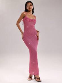 SHEIN BAE Sexy Damen Glitzer Fransen Ausschnitt-Ausschnitt lang anliegendes Bodycon Strickkleid