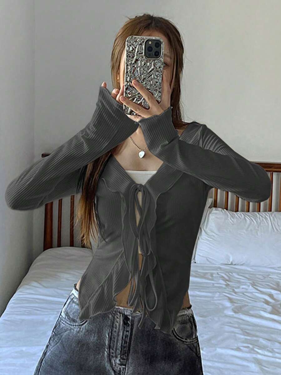 DAZY Women's Casual Solid Color Ruffle Tie-Front T-Shirt, Spring/Autumn Long Sleeve Women Tops - Dark Grey - View 1