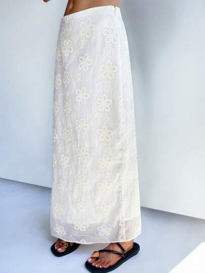 Forever 21 春季简约优雅度假花朵刺绣杏色女裙