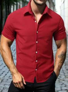 Manfinity Homme 男士礼物，男士纹理面料翻领衬衫纯色短袖简约时尚休闲日常