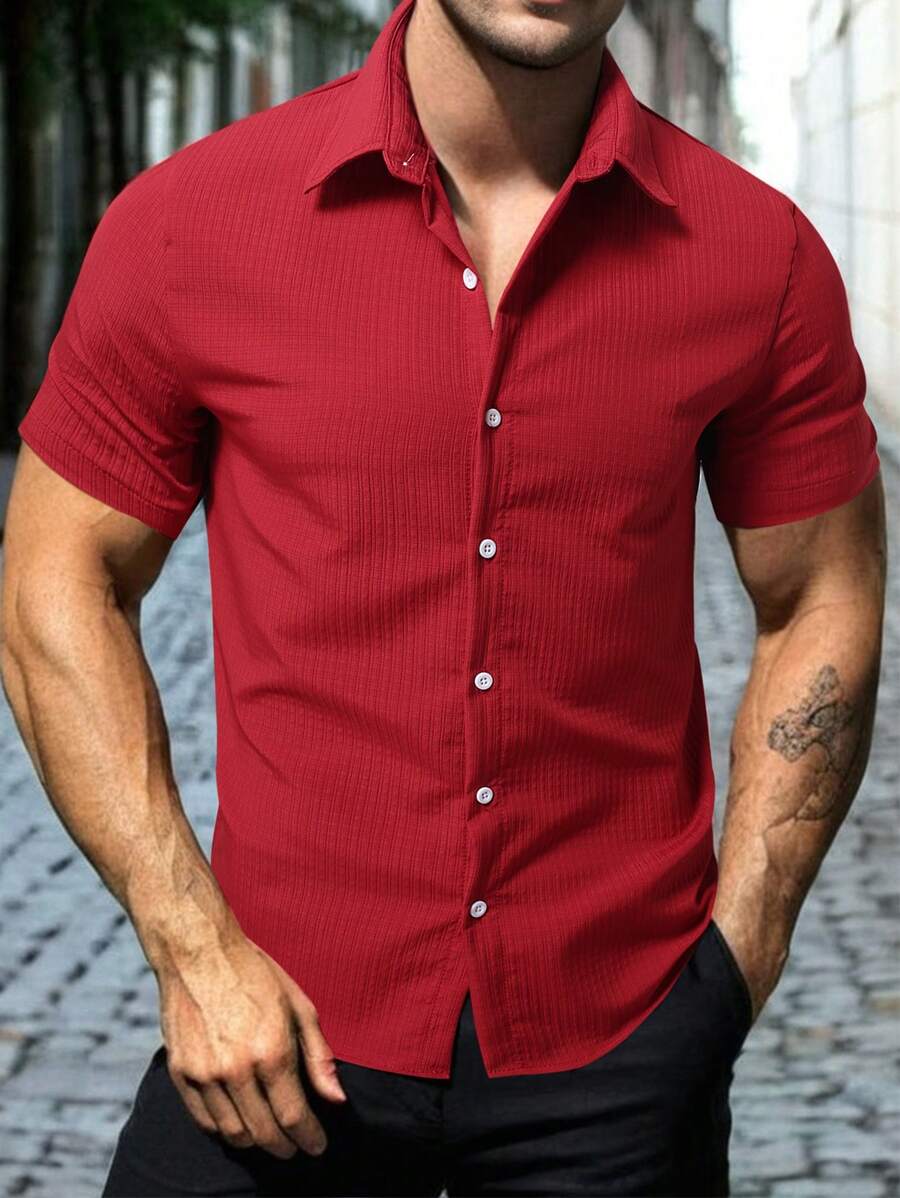 Manfinity Homme 男士礼物，男士纹理面料翻领衬衫纯色短袖简约时尚休闲日常