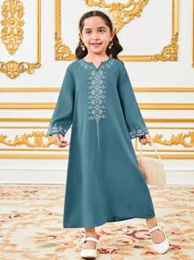 SHEIN Leap Crew Young Girl National Pattern Long Robe - Green - View 3