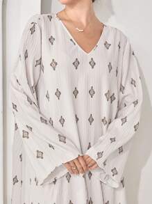 Veilorie Modest Casual Pleated Floral Print Women's Abaya, Turkish Dress, Extra Long Dress, Kaftan & Jalabiya - Apricot - View 2