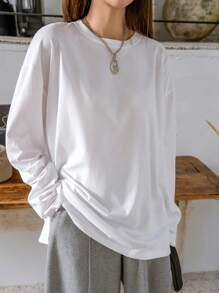 DAZY Split Hem Drop Shoulder Tee,Fall Clothes Long Sleeve Women Tops - White - View 4