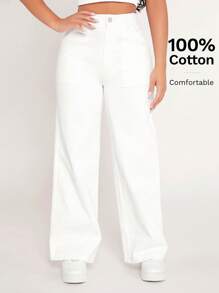 SHEIN PETITE High Waist Straight Leg Trousers - White - View 1