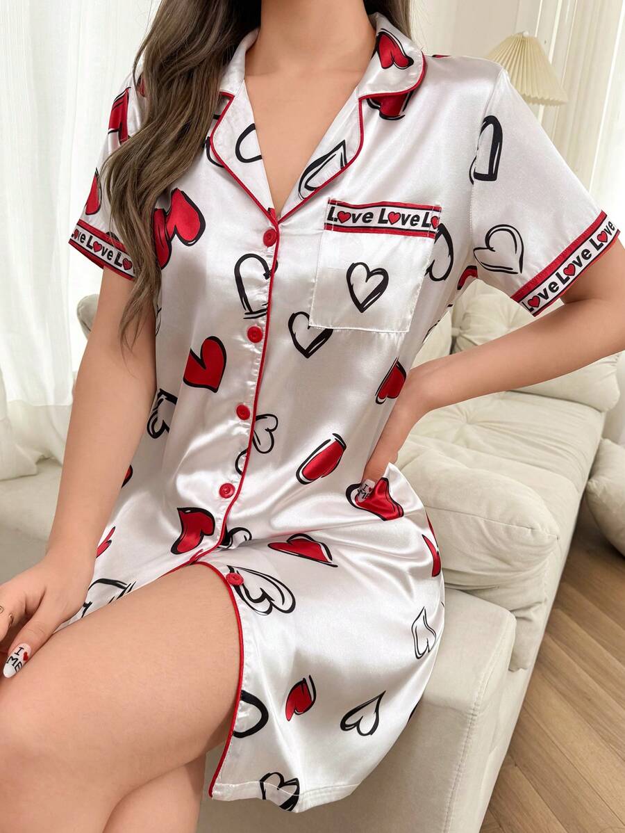Dream Adore Allover Print Heart Patterned Open Front Women's Nightgown Babydoll In Faux Silk Luxe Loungewear, Vacation