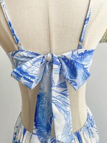 Soleia 女式复古花卉印花 V 领镂空腰 A 字形连衣裙，配有金属环装饰，度假、派对、休闲海滩、下午茶、约会 - 藍白色 - 查看 3