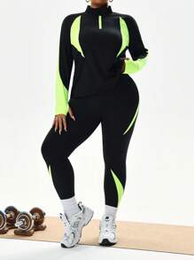 Rhythm Era Conjunto de 2 piezas talla grande: Sudadera de manga larga con agujero para el pulgar, Leggings ajustados de cintura alta, Diseño de parches neón Conjunto de ropa deportiva para mujeres