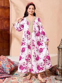 Tween Girl Abaya Kaftan Jalabiya 束腰宽松传统复古印花连衣裙，配有金属饰边 - 玫紅色 - 查看 5