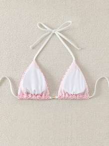 Swim Mod Women's Textured Fabric Halter Triangle Bikini Top, For Summer Beach - Pink - View 2