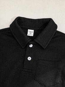 SHEIN 2件套男童休闲宽松翻领短袖Polo衫和裤子套装 - 黑色 - 查看 4