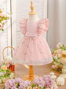 Glamorique Kids Vestido túnica para bebé niña con recortes con volantes, parches de jacquard y malla, para primavera/verano - Rosa coral - Ver 5
