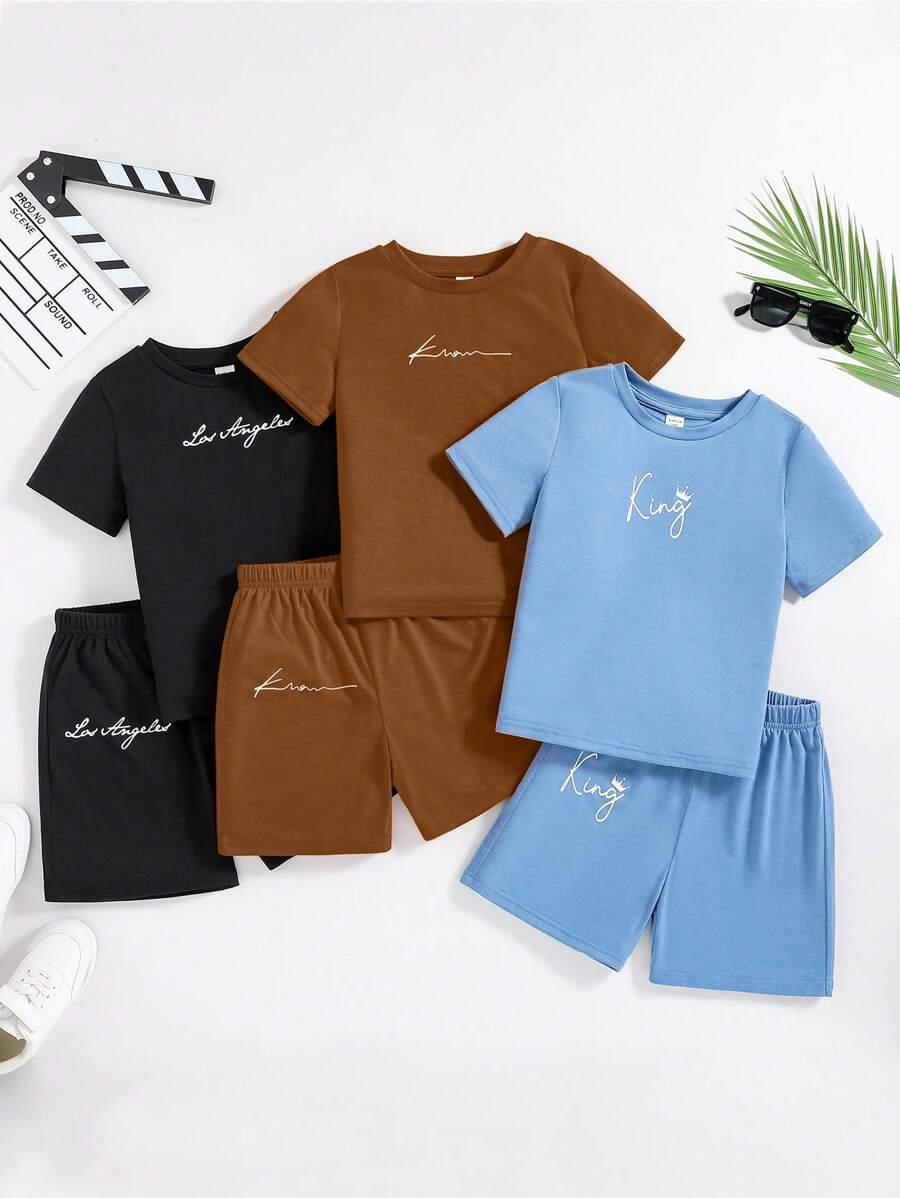 SHEIN Leap Crew 6pcs Set Young Boys Casual School Style Fashion Versatile Soft Short Sleeve T-Shirt And Shorts, English Graphic, Comfortable & Practical, Suitable For Spring/Summer - Black - View 1