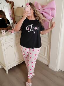 SweetSlumber Conjunto de pijama con estampado de cuadros y corazones en talla grande