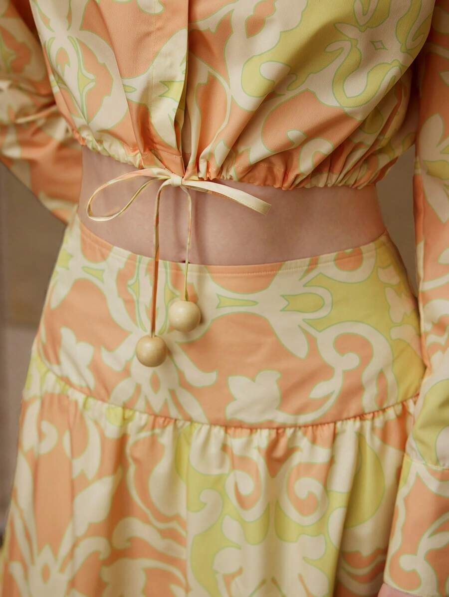 MOTF PREMIUM DRAWSTRING HEM BUTTON UP TOP & A-LINE SKIRT - Orange - View 2