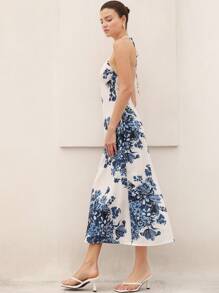 Chiquease Váy in họa tiết cắt xẻ cổ yếm kiểu Pháp thanh lịch, đa năng - Màu xanh lam - Xem 5