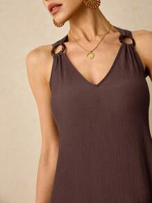 Poéselle 夏季海滩 V 领长裙 木环装饰肩带 纹理飘逸面料海滩夏季连衣裙 柔和色连衣裙长裙 夏季连衣裙 长滩连衣裙 海滩女士连衣裙 亚麻连衣裙 - 咖啡棕 - 查看 7