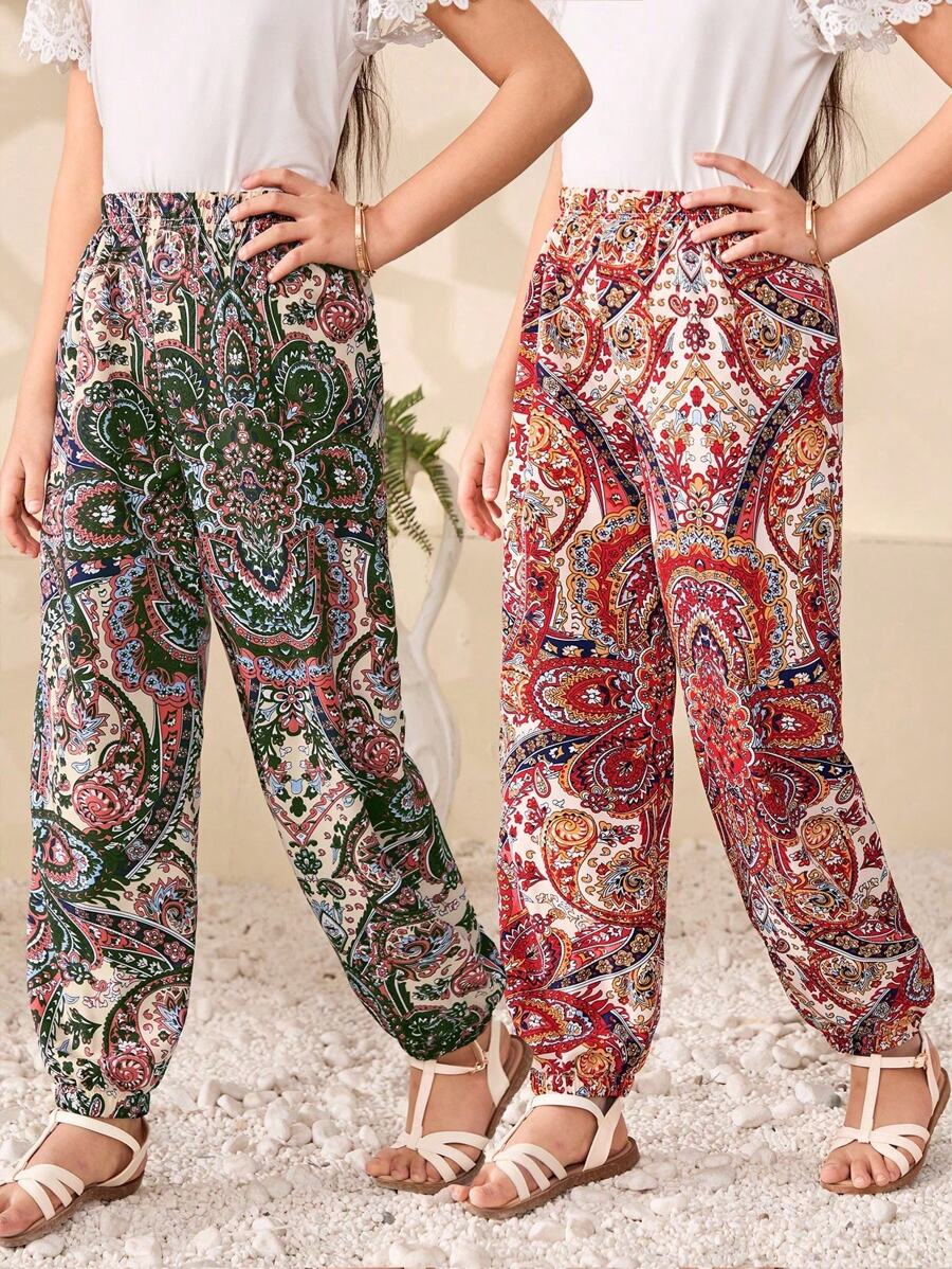 SHEIN Tween Girl' Retro Print Pattern Long Pants, Suitable For Vacation - Pink - View 1