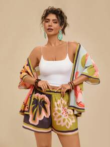 Travachic Plus Size Women's Holiday Casual Tropical Bohemian Fruit & Plant Printed Asymmetrical Short Sleeve Shirt Top + Beach Shorts 2pcs Set,Holiday Outfits Boho