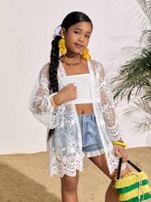 SHEIN Cubrecuerpo con estilo kimono de encaje bordado, prenda de vestir casual para resort, para niñas preadolescentes - Blanco - Ver 4