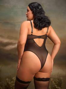 加大码 2 件套 红色对比色黑色蕾丝边性感内衣连体裤 + 丝袜 - 酒紅色 - 查看 2